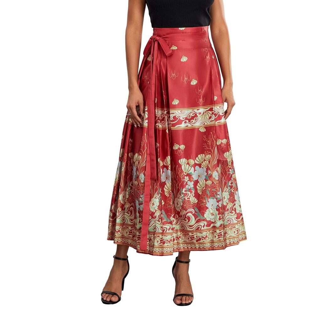 9798 Horse Face Skirt Flower Print Pleated Tie Up A-Line Long Skirt Chinese